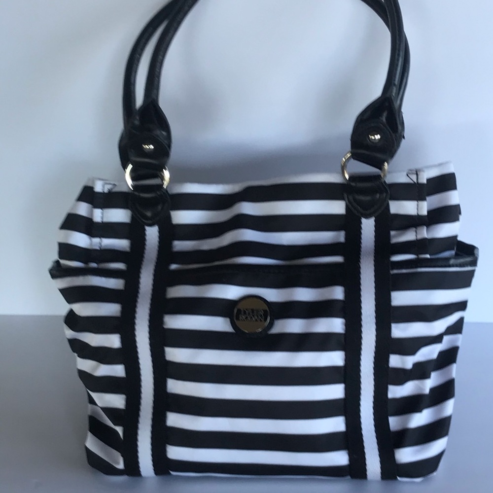 Black. White Striped Tote. 17x13x5”~ 9”drop.